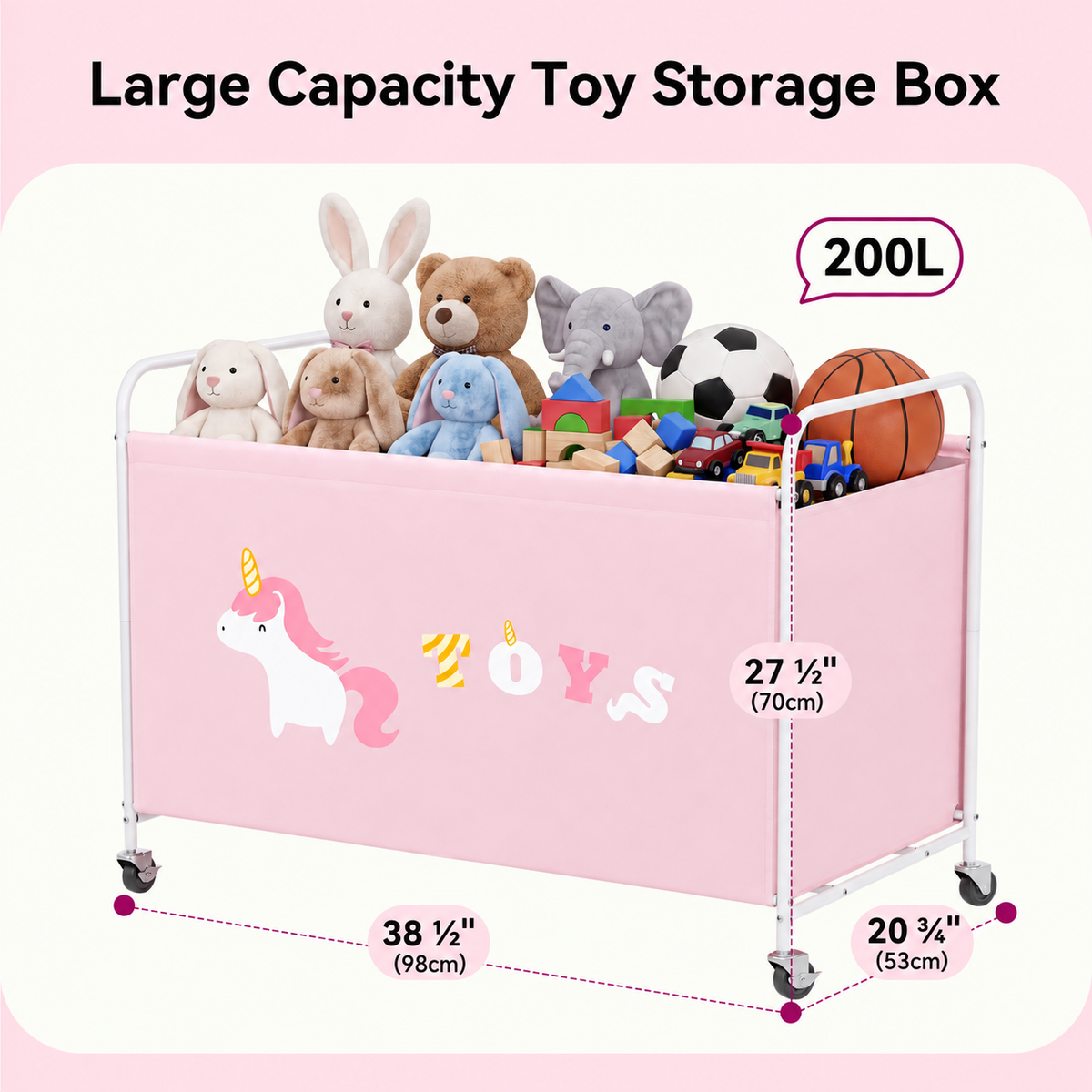 GRANNY SAYS 200L Extra Large Toy Box, 300D Oxford Cloth & Metal Toy Chest with Locking Silent Wheels, Pink