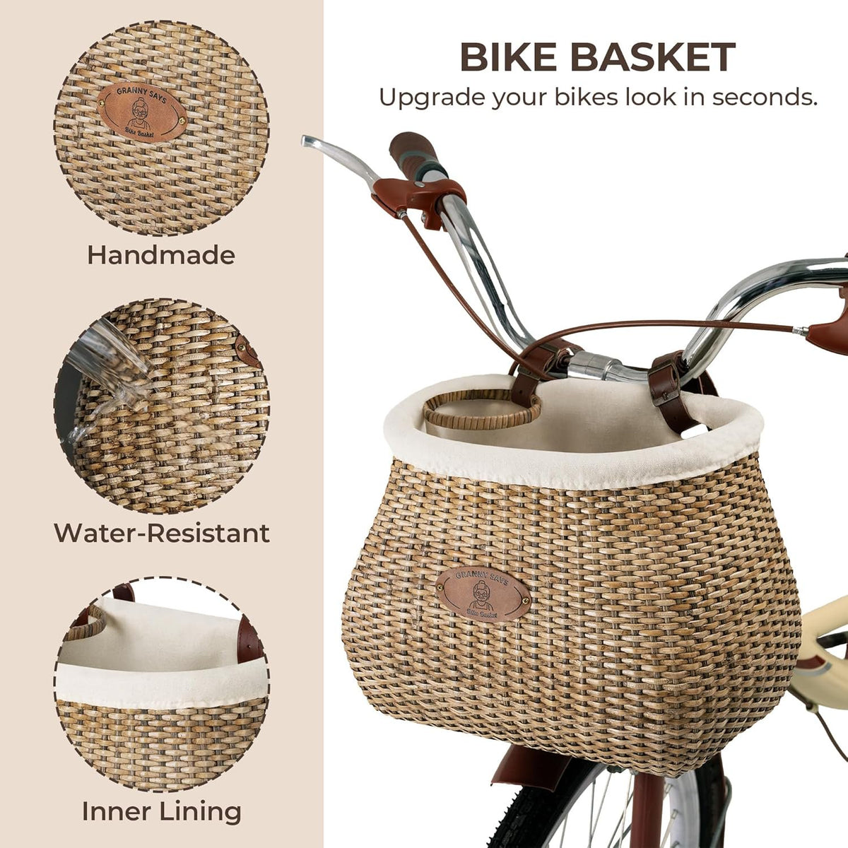 GRANNY SAYS Bike Basket, Front Wicker Handlebar Basket with Cup Holder for Adults Commuting & Errands, Dark Brown