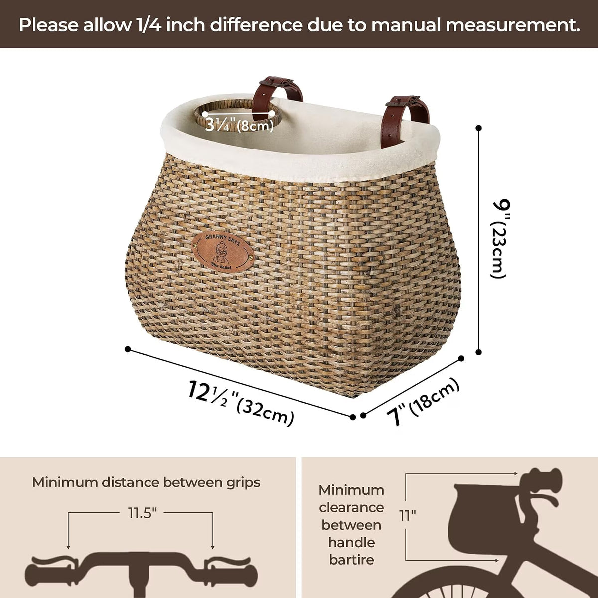GRANNY SAYS Bike Basket, Front Wicker Handlebar Basket with Cup Holder for Adults Commuting & Errands, Dark Brown