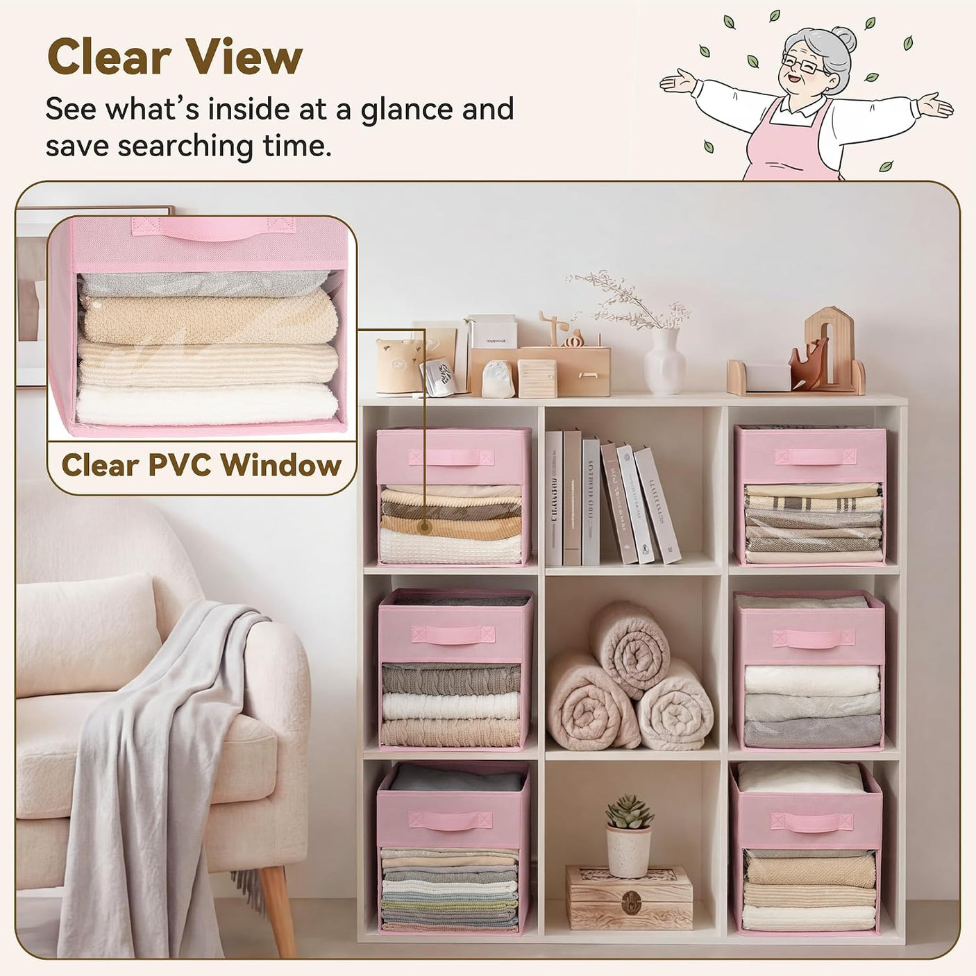 11 Inch Cube Storage Bins with Clear Window, Pink, 6-Pack