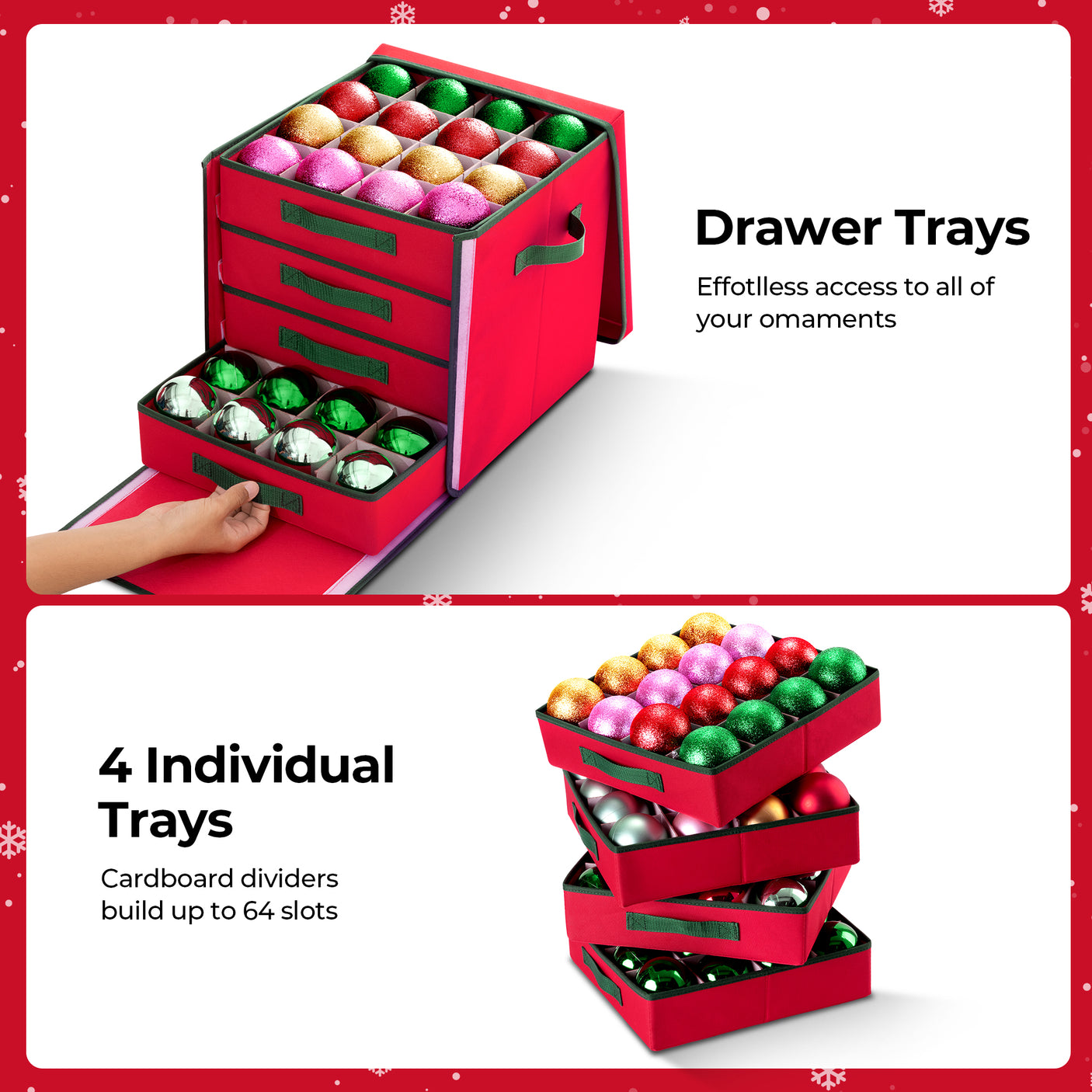 64-3" Ornaments, Christmas Ornament Storage Box with Trays