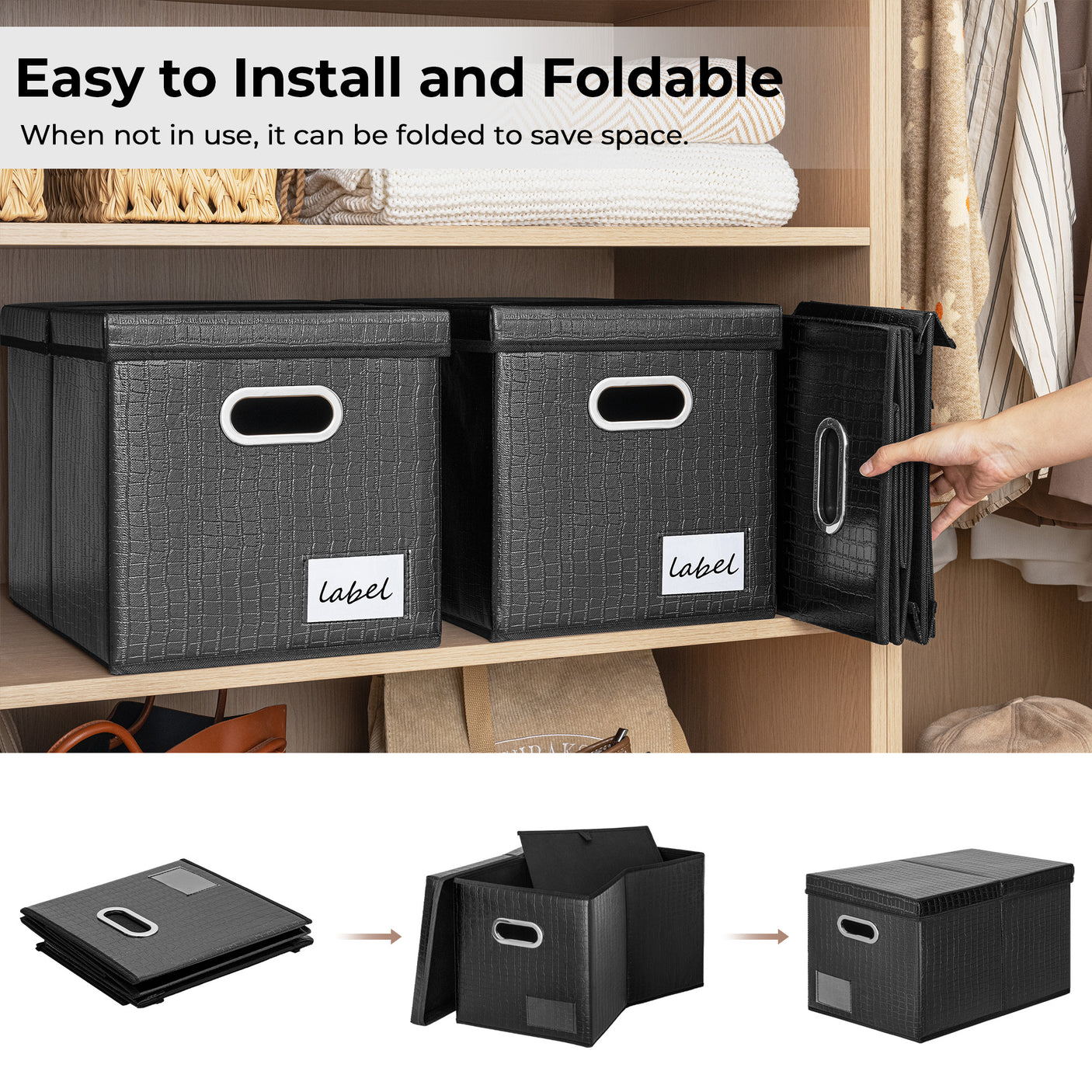 Collapsible Leather Storage Bins with Lids
