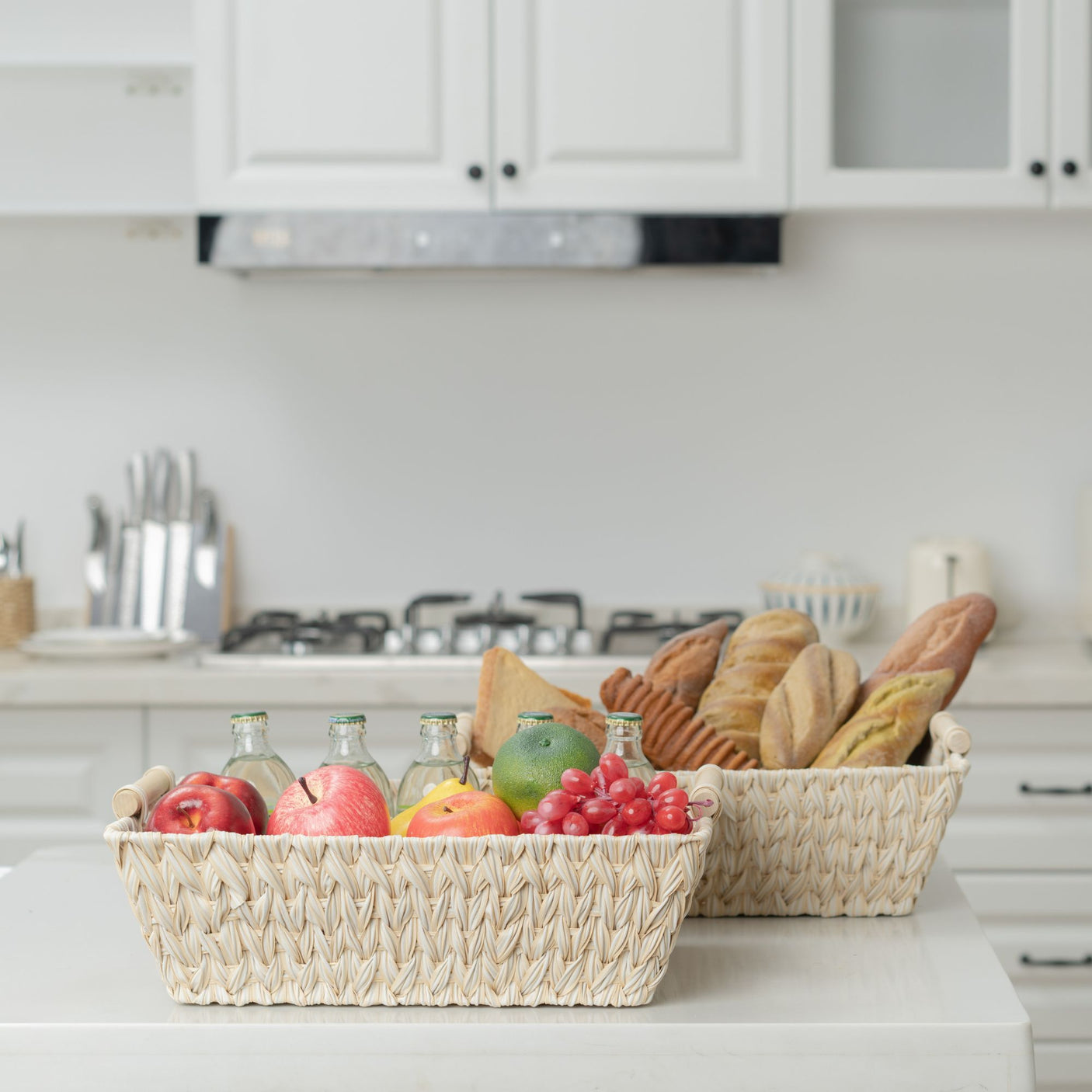 Trapezoidal Wicker Baskets with Wooden Handles for 3 Size