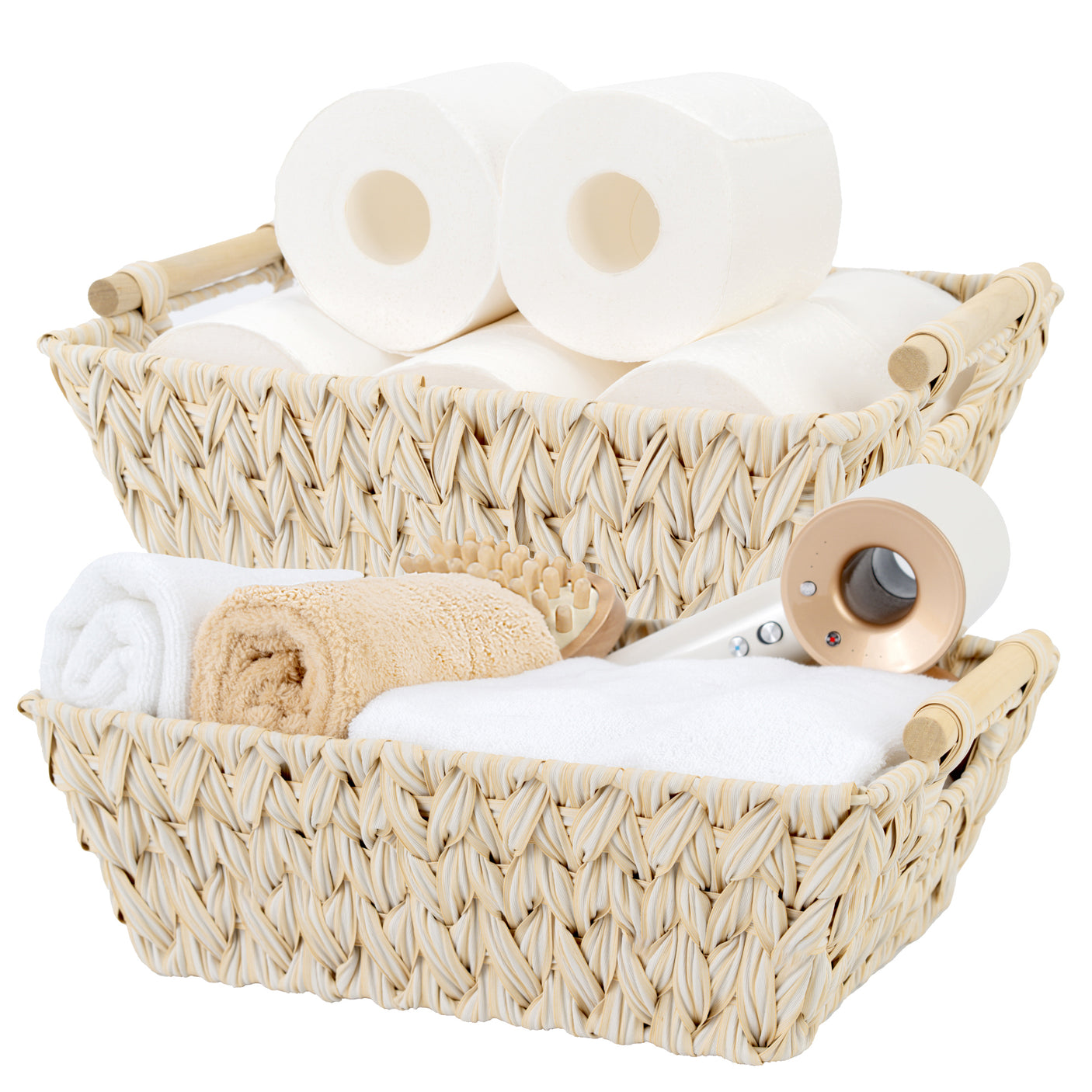 Trapezoidal Wicker Baskets with Wooden Handles for 3 Size