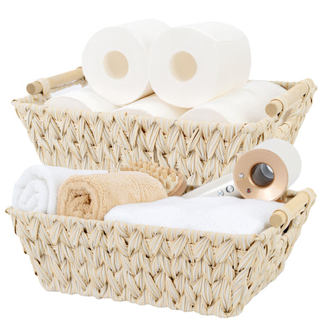 Trapezoidal Wicker Baskets with Wooden Handles for 3 Size