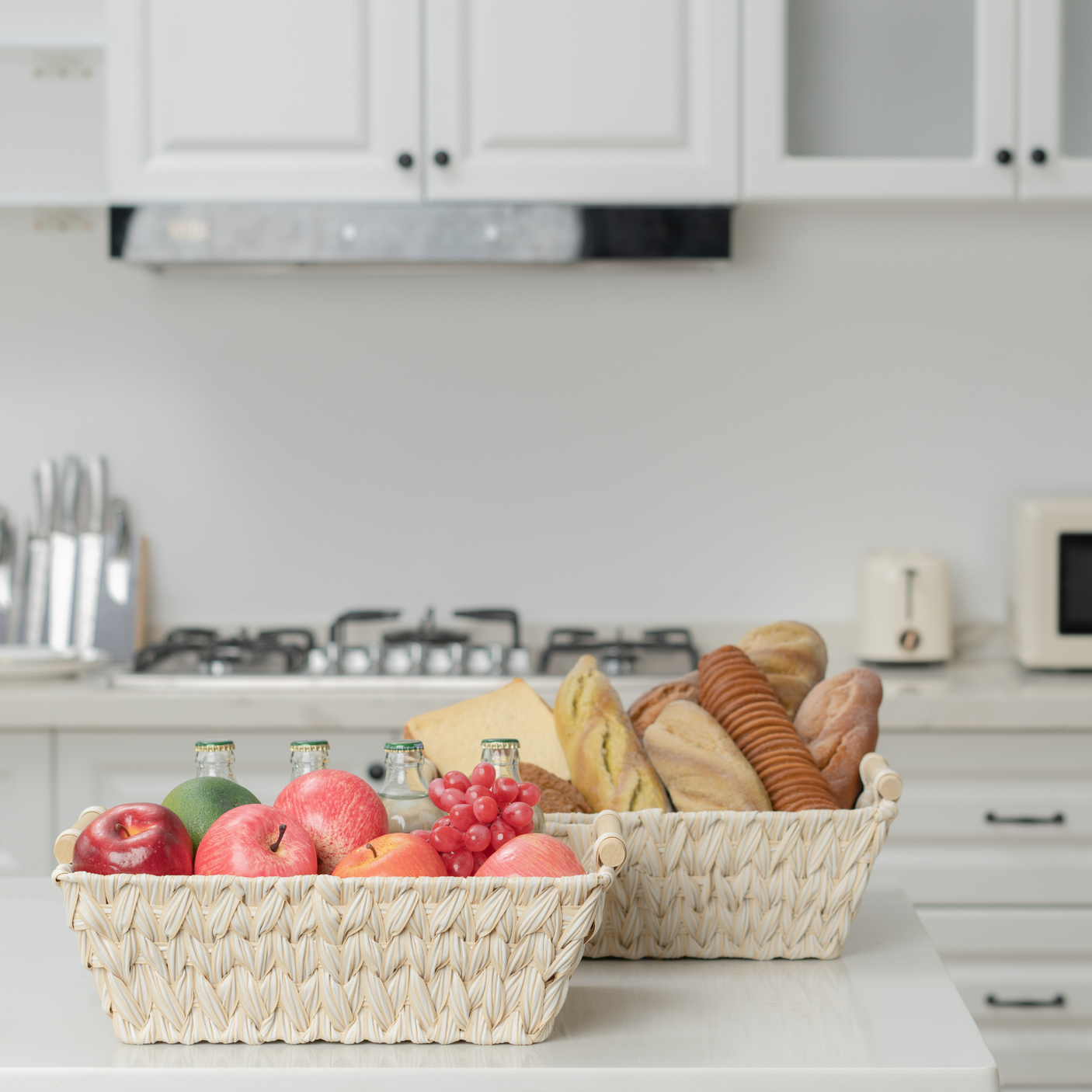 Trapezoidal Wicker Baskets with Wooden Handles for 3 Size
