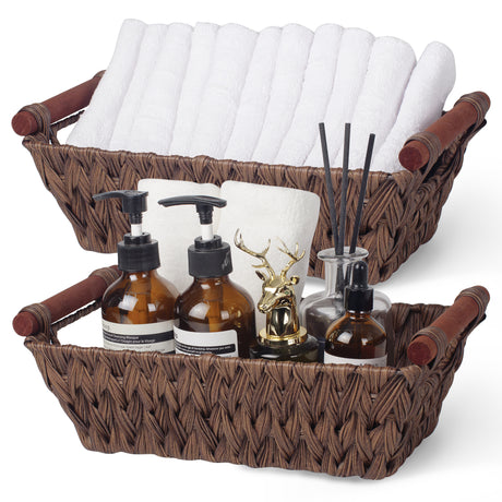 Trapezoidal Wicker Baskets with Wooden Handles for 3 Size