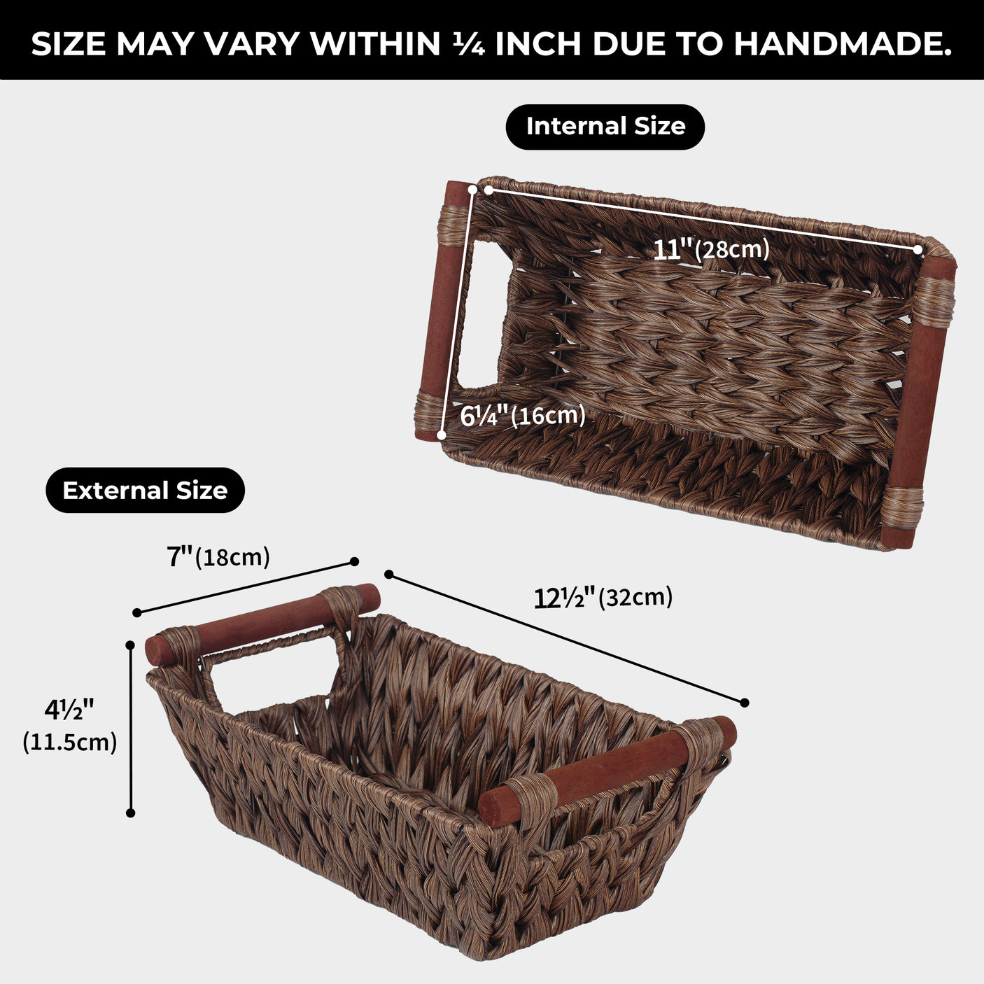 Trapezoidal Wicker Baskets with Wooden Handles for 3 Size