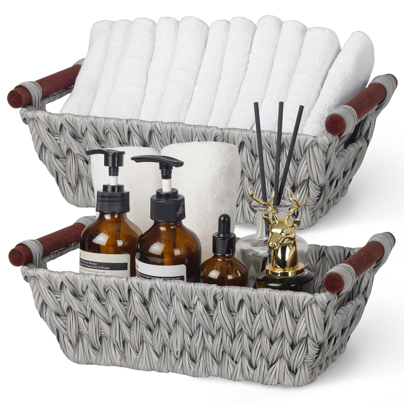 Trapezoidal Wicker Baskets with Wooden Handles for 3 Size