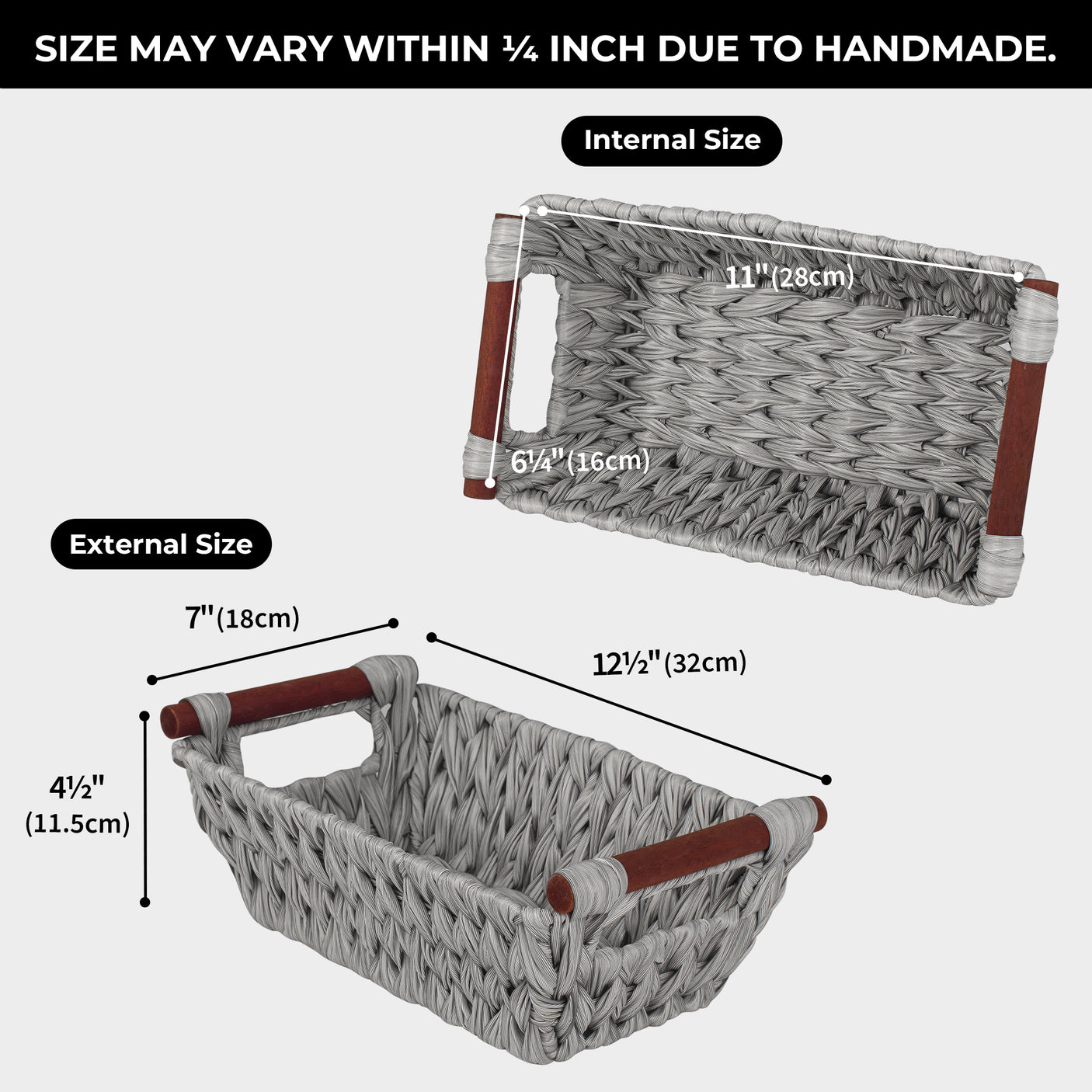 Trapezoidal Wicker Baskets with Wooden Handles for 3 Size