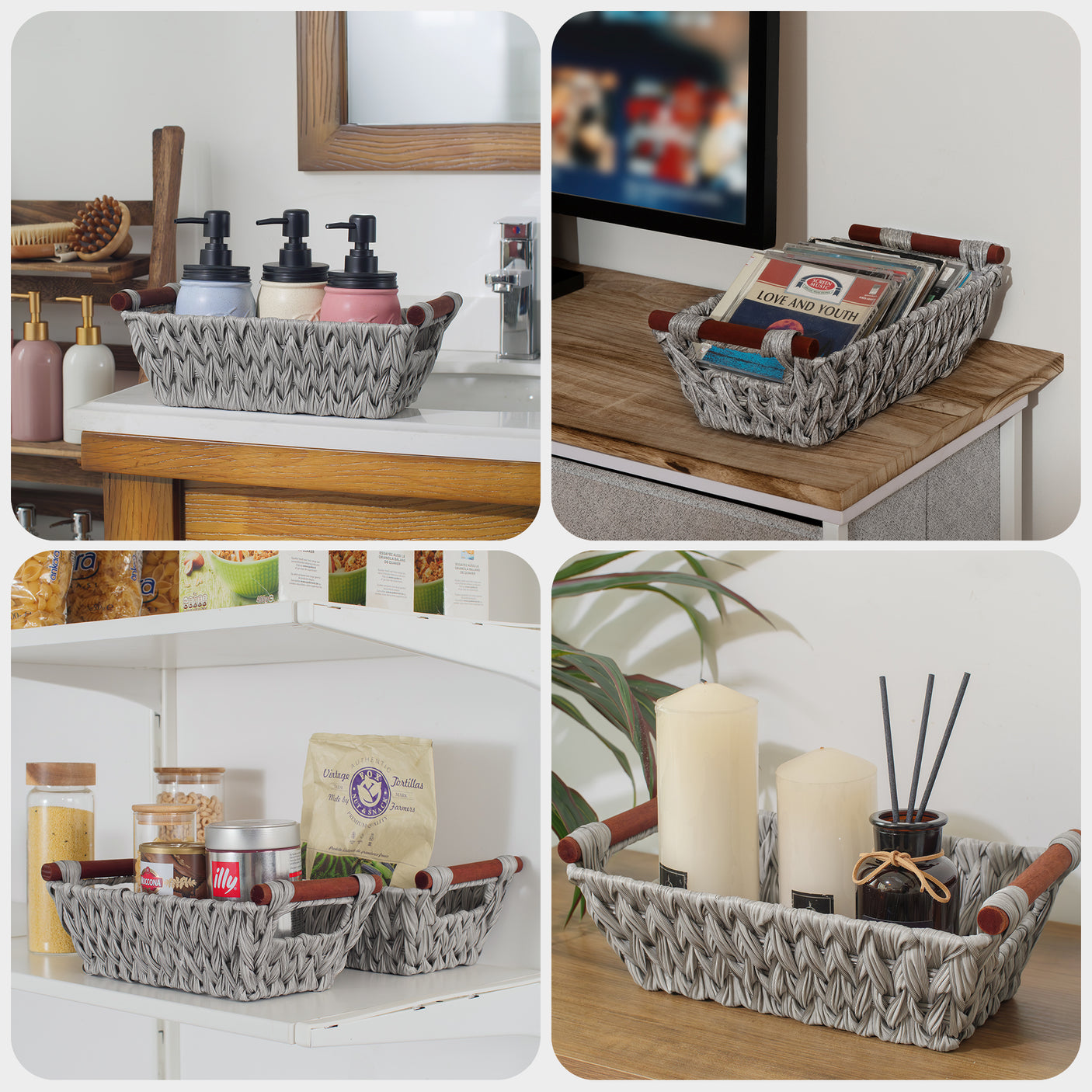 Trapezoidal Wicker Baskets with Wooden Handles for 3 Size