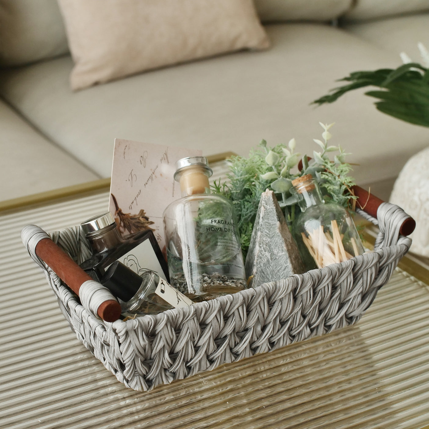 Trapezoidal Wicker Baskets with Wooden Handles for 3 Size