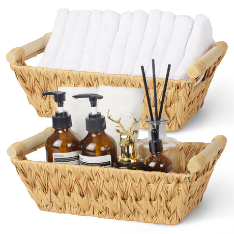 Trapezoidal Wicker Baskets with Wooden Handles for 3 Size