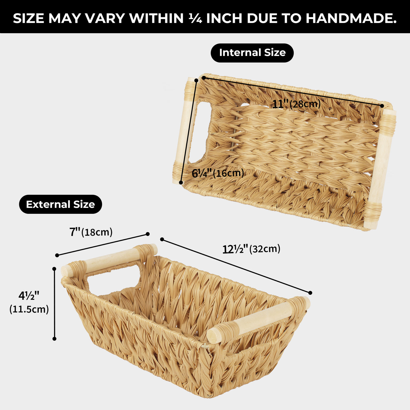 Trapezoidal Wicker Baskets with Wooden Handles for 3 Size