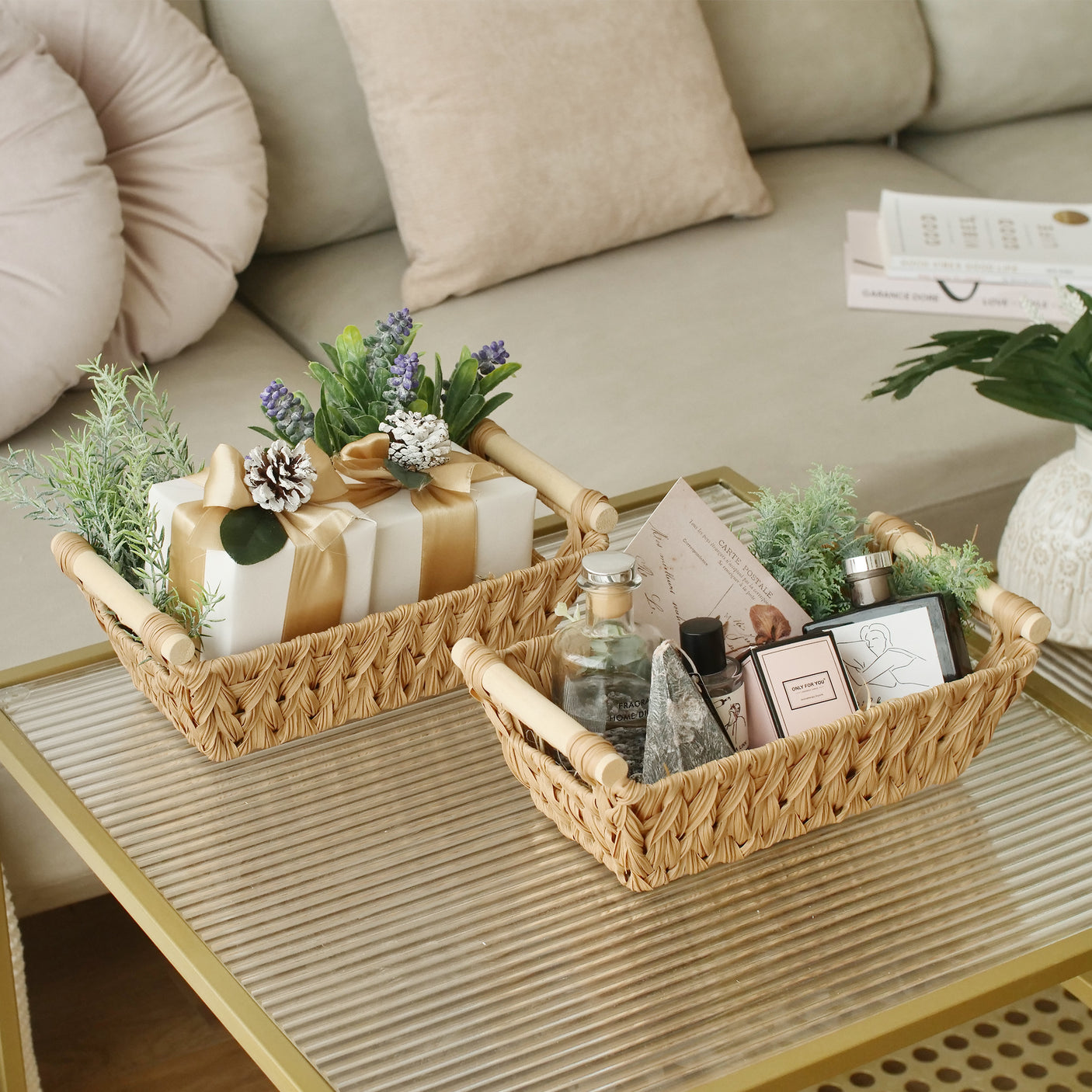 Trapezoidal Wicker Baskets with Wooden Handles for 3 Size