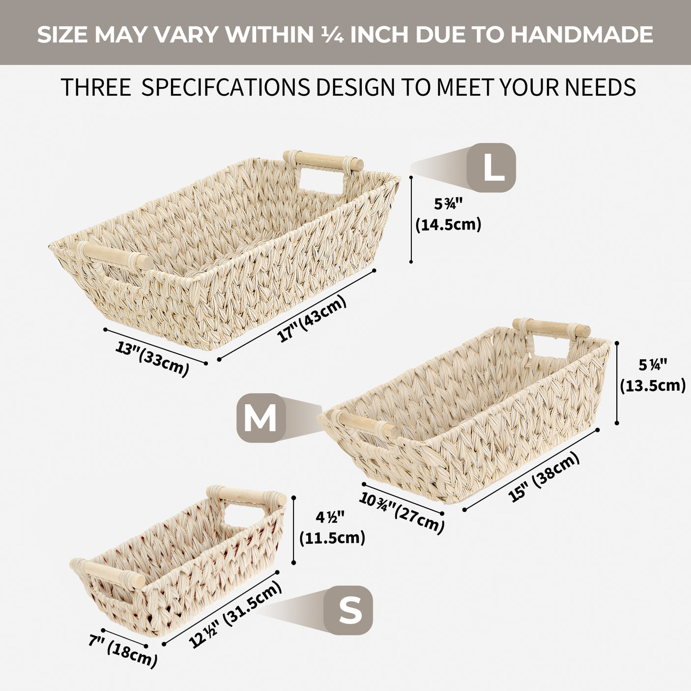 Trapezoidal Wicker Baskets with Wooden Handles for 3 Size