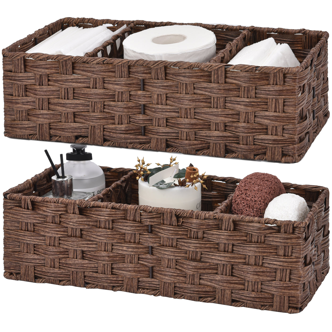 3-Section Handwoven Wicker Basket, 2 Pack