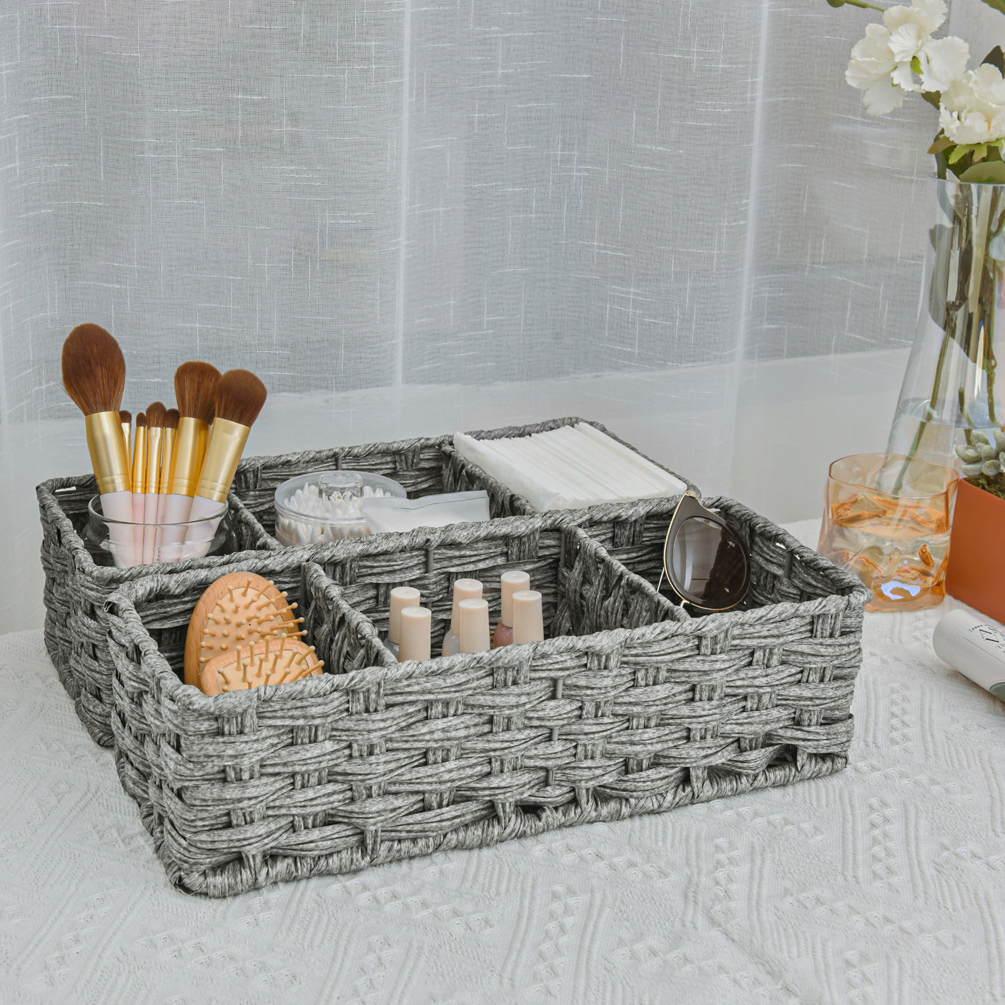 3-Section Handwoven Wicker Basket, 2 Pack
