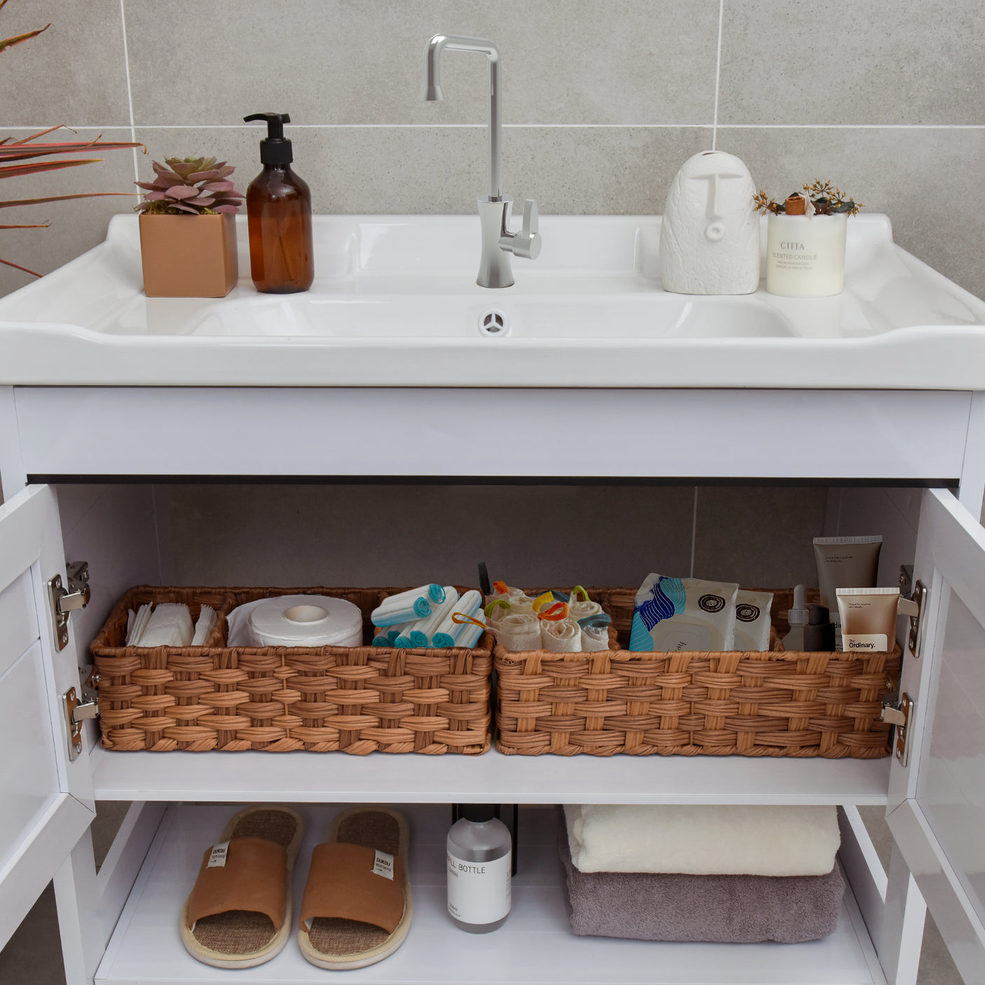 3-Section Handwoven Wicker Basket, 2 Pack