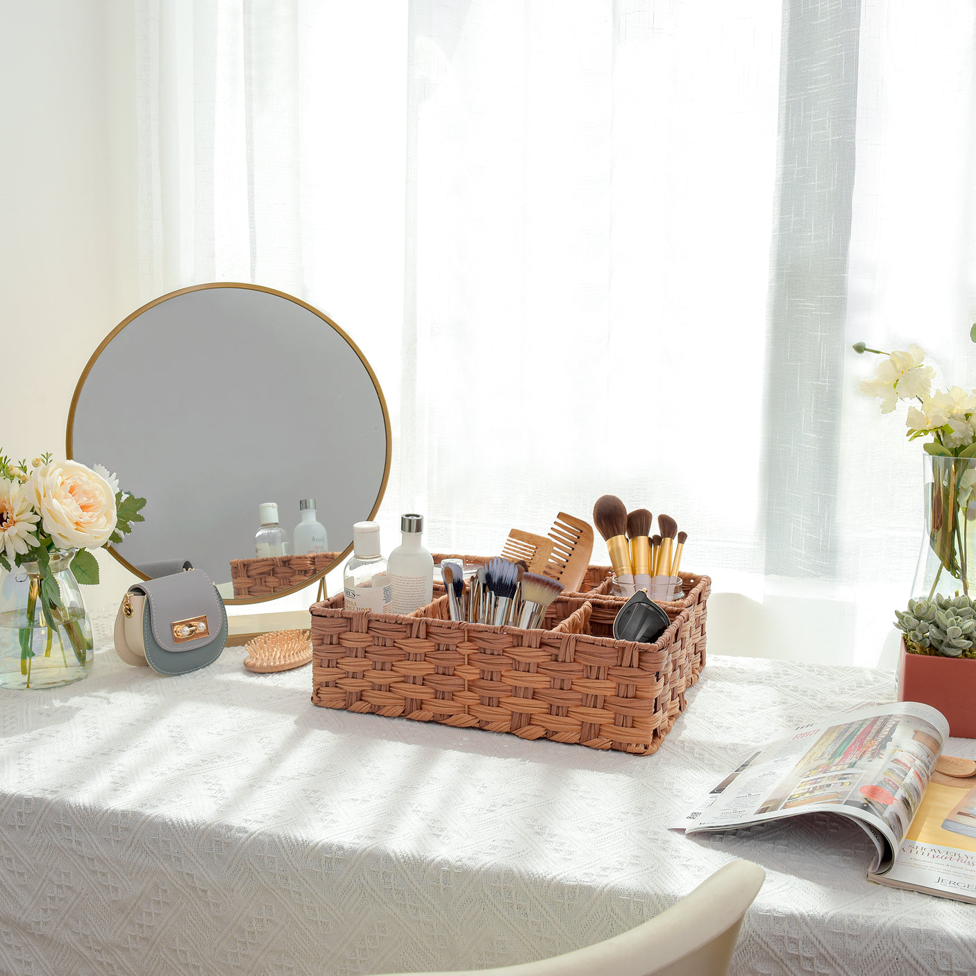 3-Section Handwoven Wicker Basket, 2 Pack