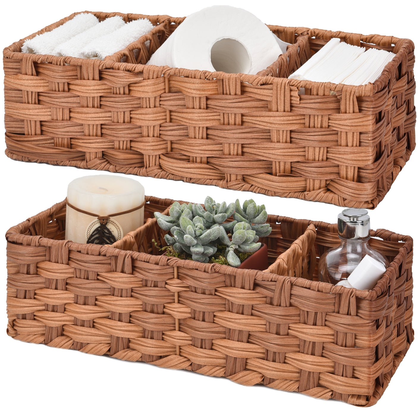 3-Section Handwoven Wicker Basket, 2 Pack