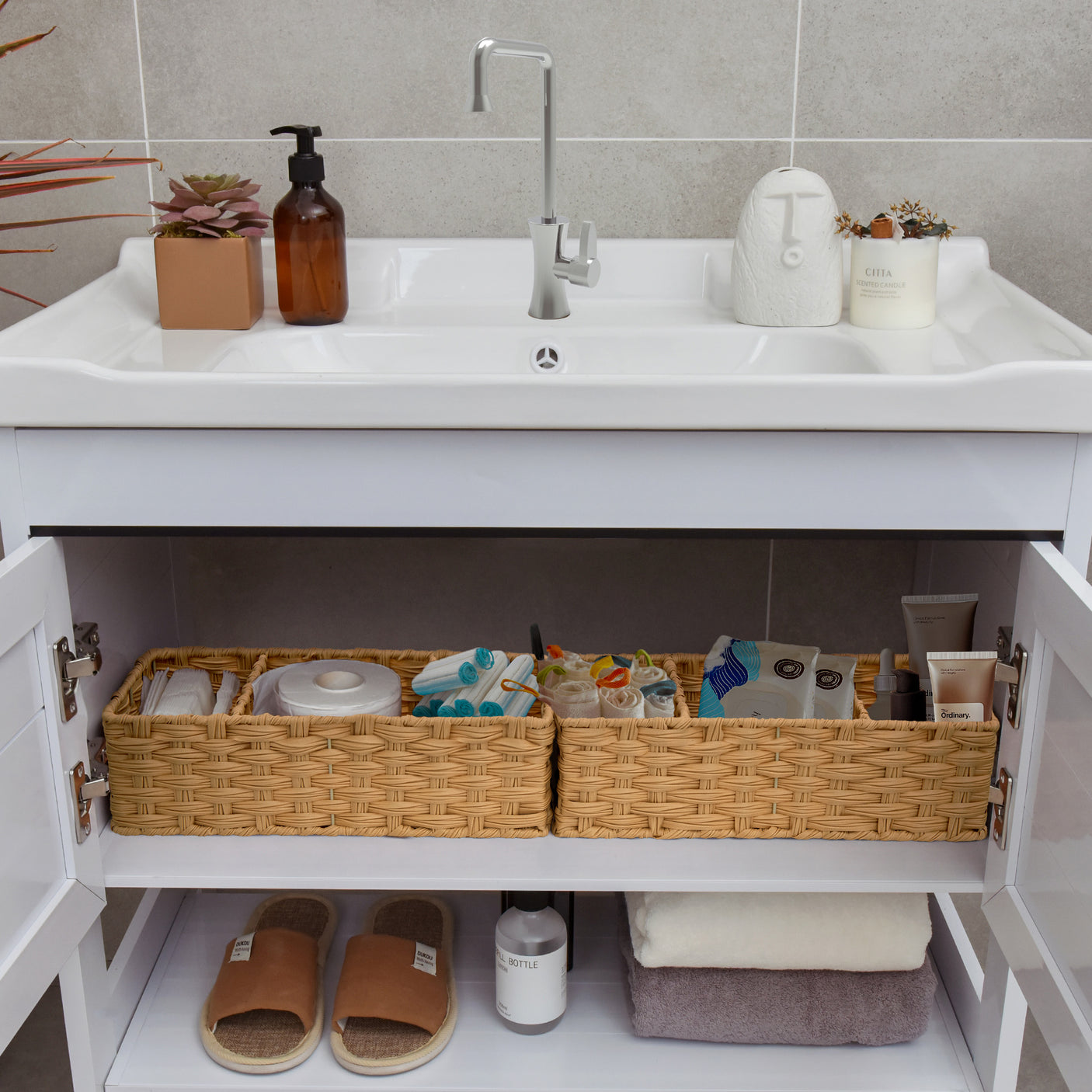 3-Section Handwoven Wicker Basket, 2 Pack