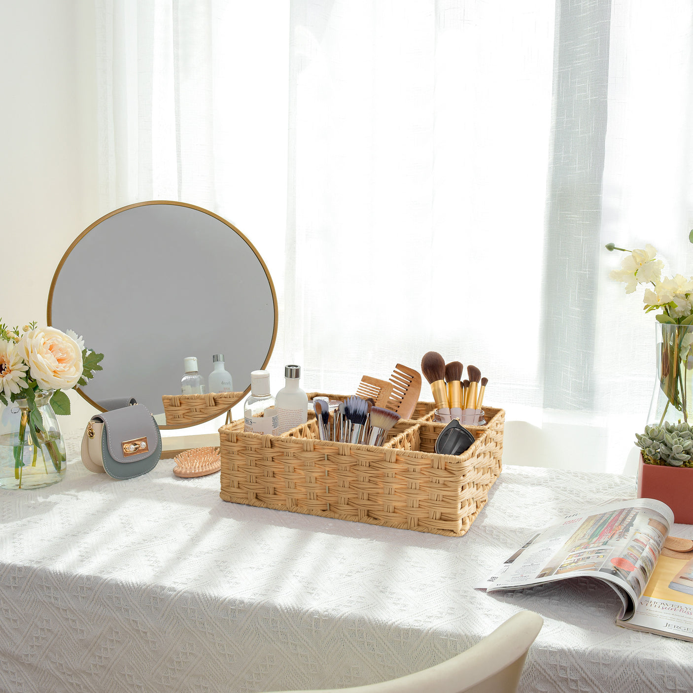 3-Section Handwoven Wicker Basket, 2 Pack