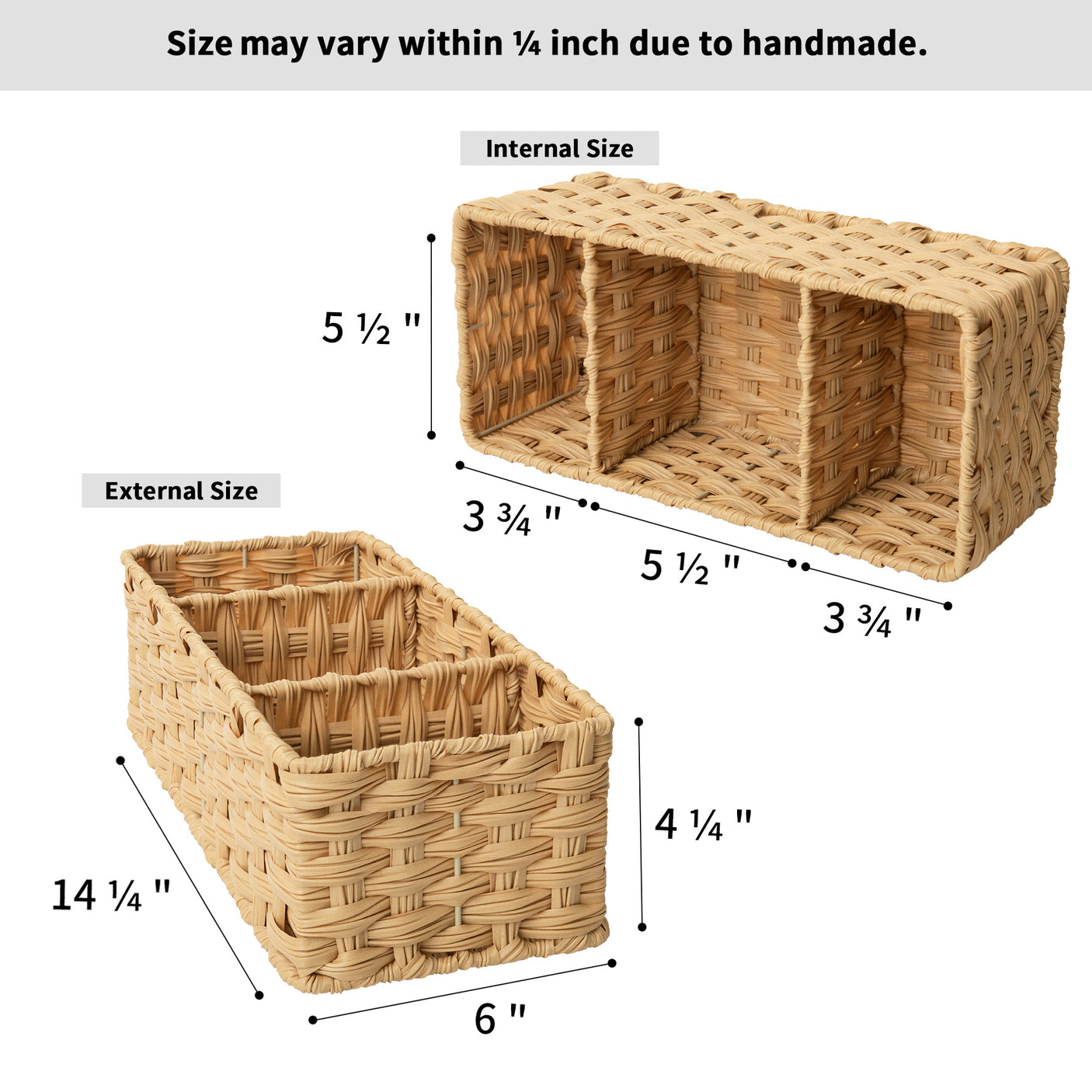 3-Section Handwoven Wicker Basket, 2 Pack