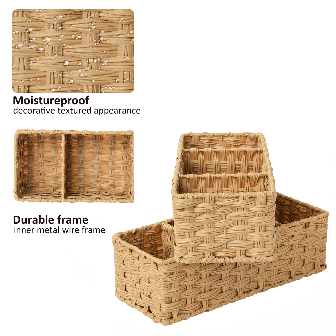 3-Section Handwoven Wicker Basket, 2 Pack