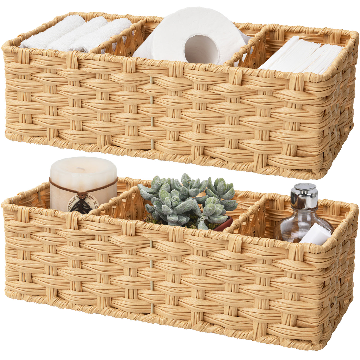3-Section Handwoven Wicker Basket, 2 Pack