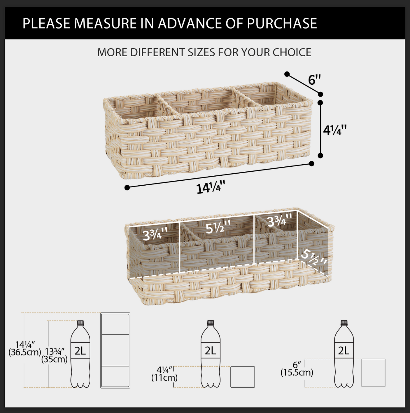 3-Section Handwoven Wicker Basket, 2 Pack