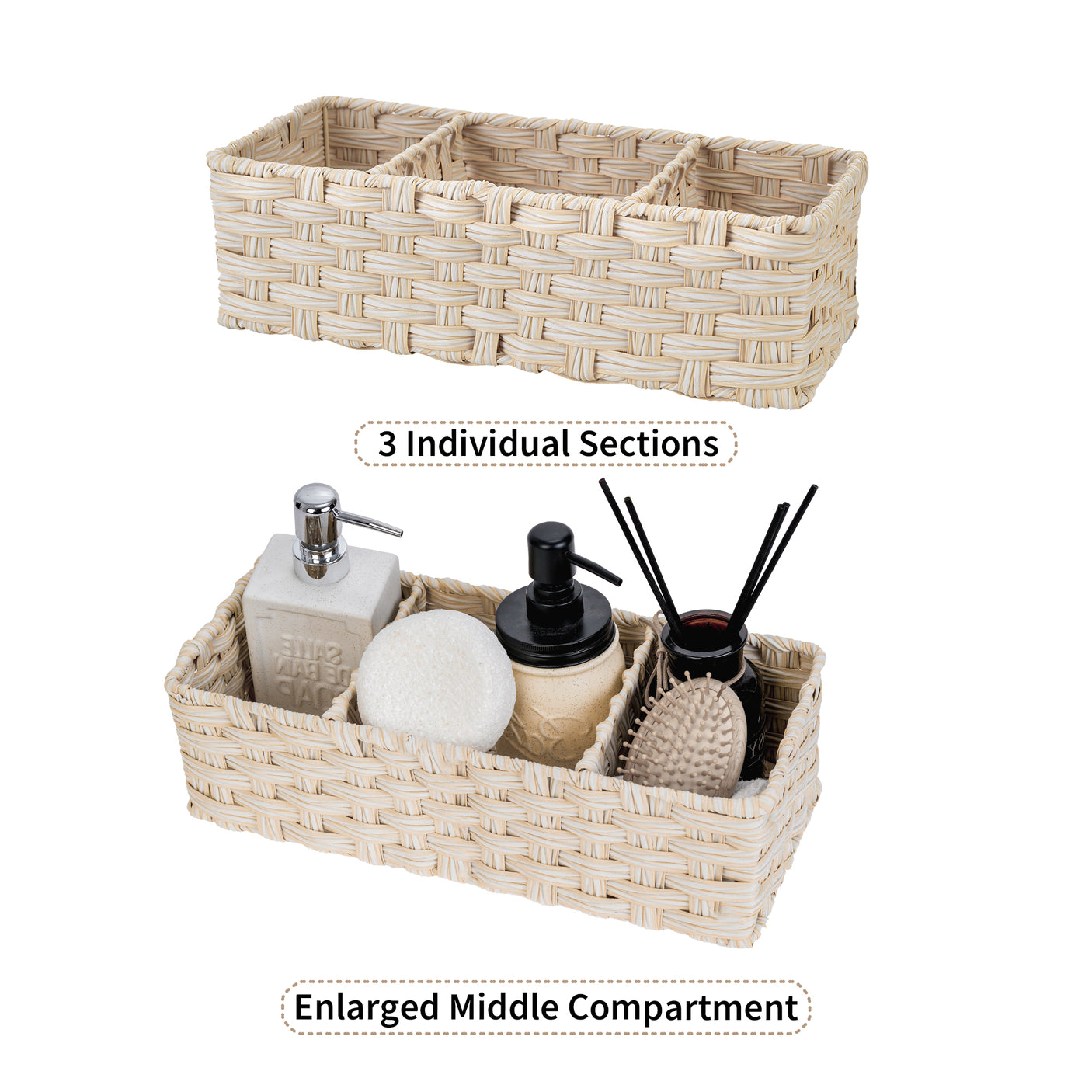 3-Section Handwoven Wicker Basket, 2 Pack