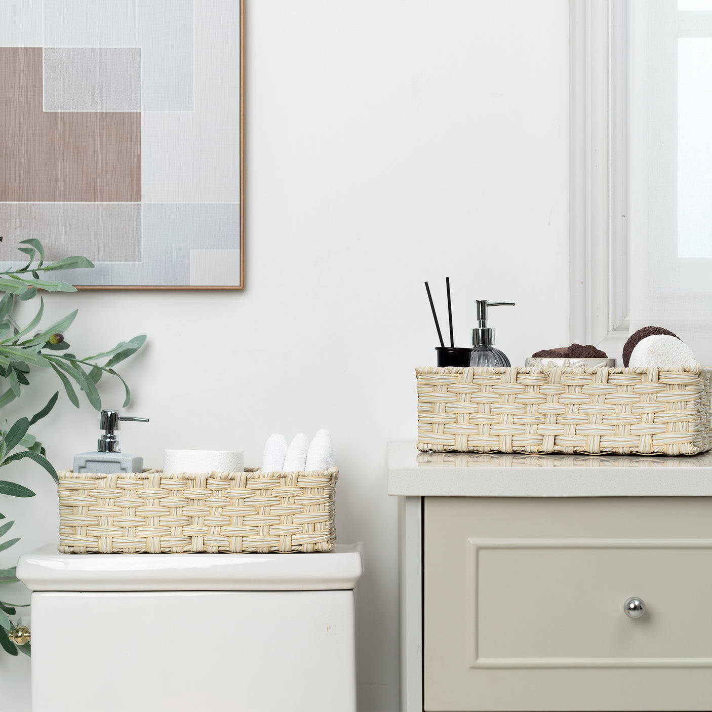 3-Section Handwoven Wicker Basket, 2 Pack