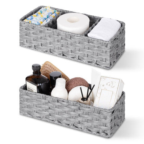 3-Section Handwoven Wicker Basket, 2 Pack