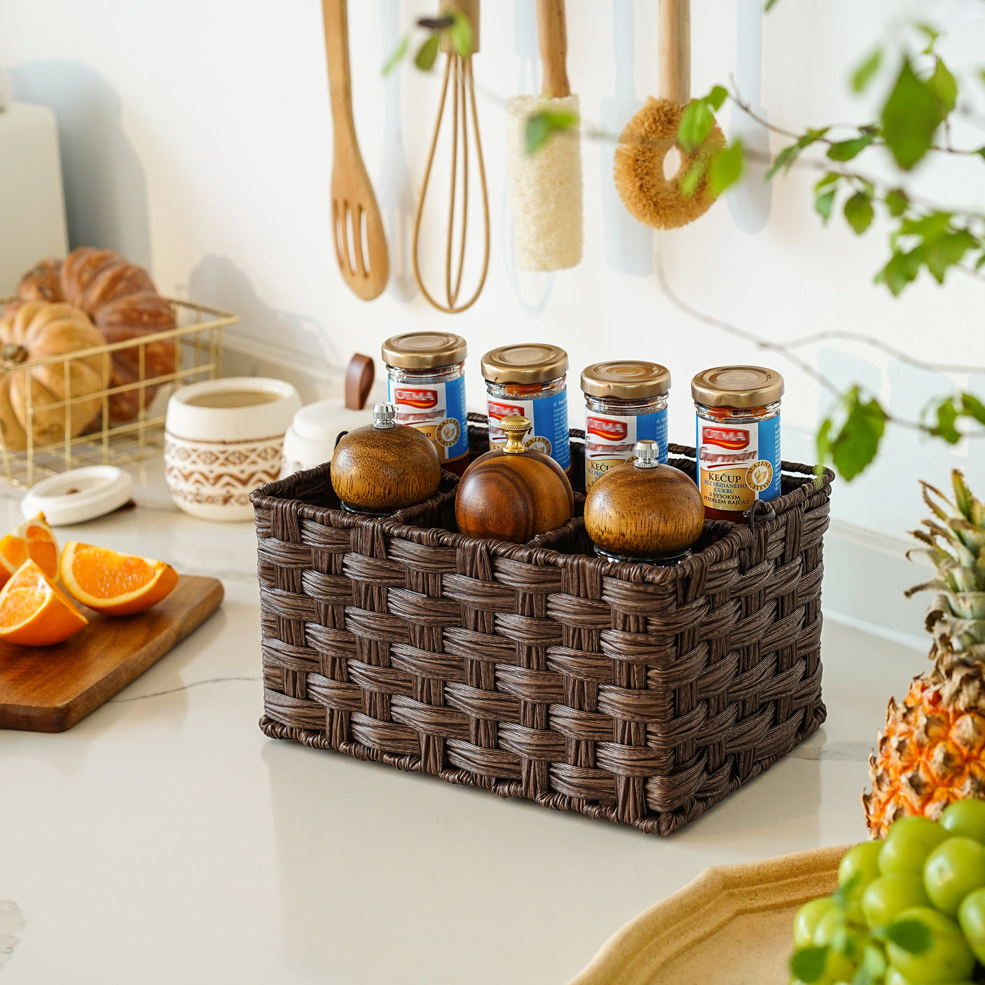 Wicker Utensil Holder Organizer with Handle