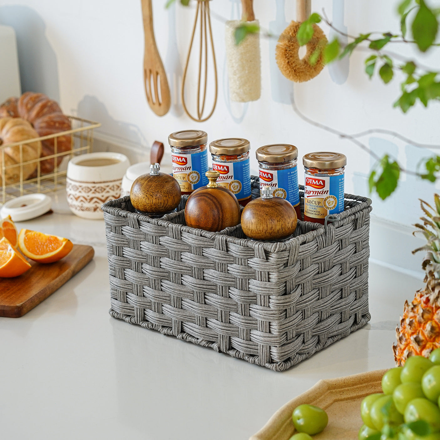 Wicker Utensil Holder Organizer with Handle