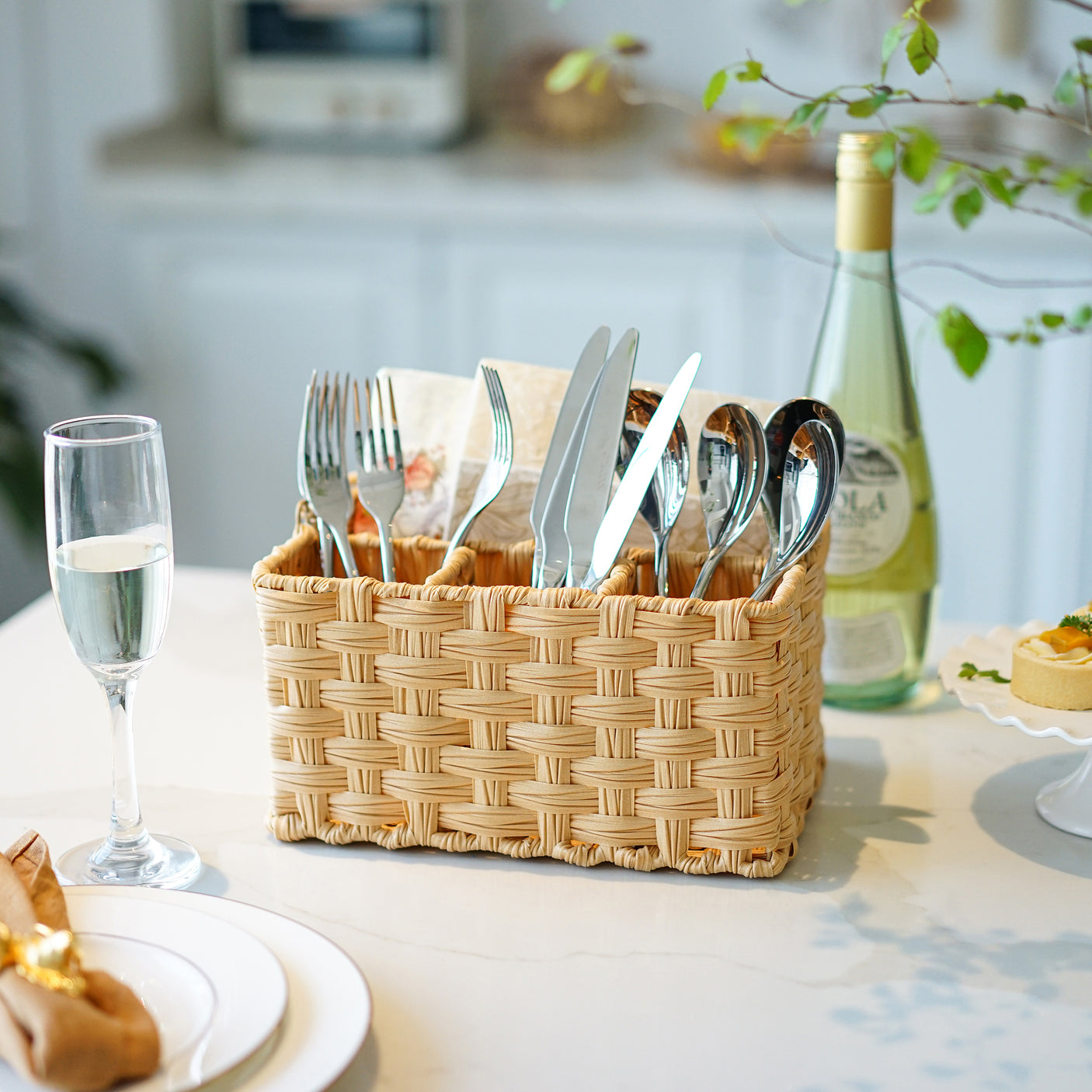 Wicker Utensil Holder Organizer with Handle