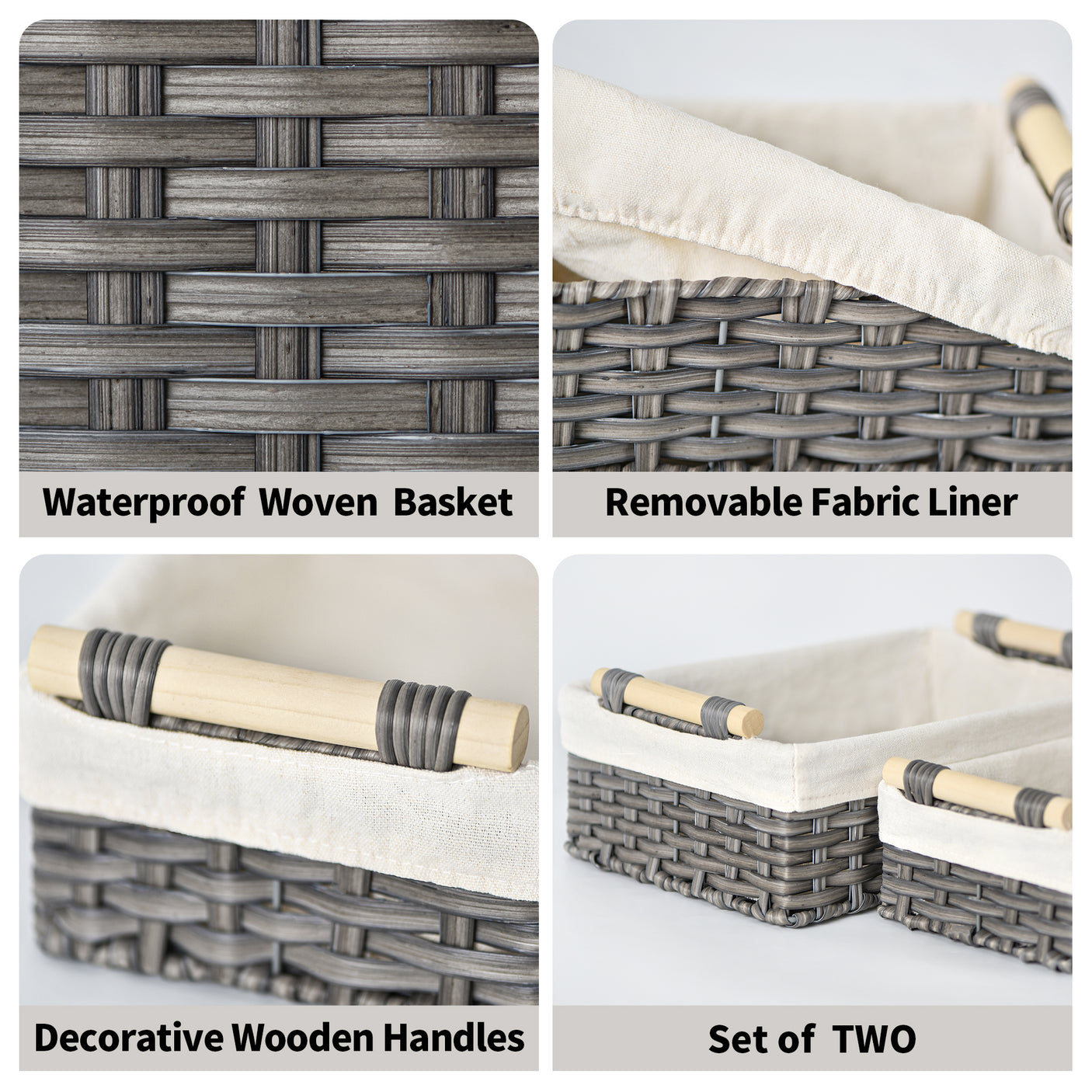 Lined Wicker Baskets with Wooden Handles, 2 in 1 Pack