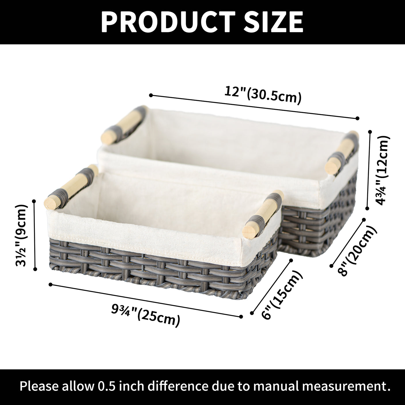 Lined Wicker Baskets with Wooden Handles, 2 in 1 Pack