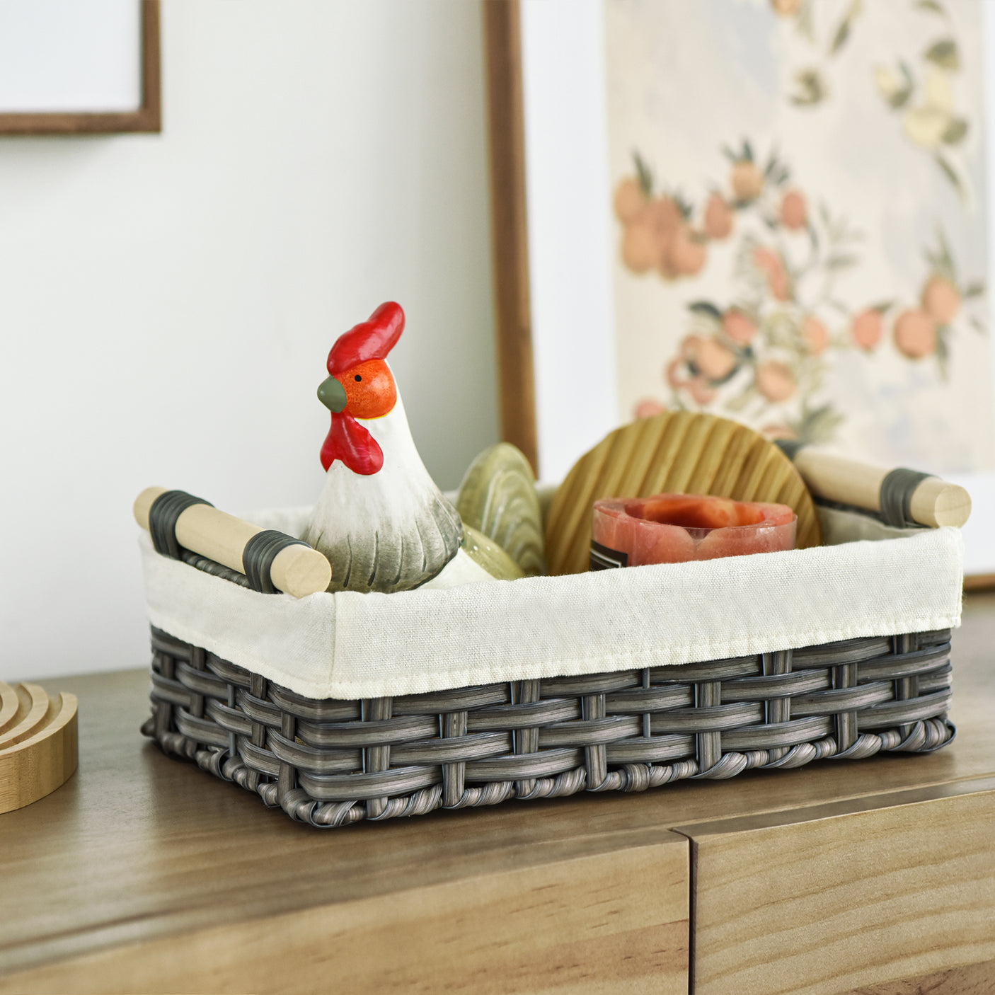 Lined Wicker Baskets with Wooden Handles, 2 in 1 Pack