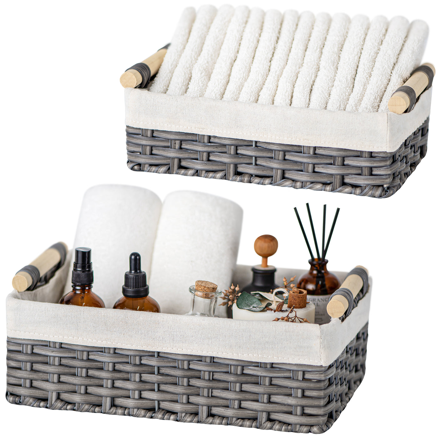 Lined Wicker Baskets with Wooden Handles, 2 in 1 Pack