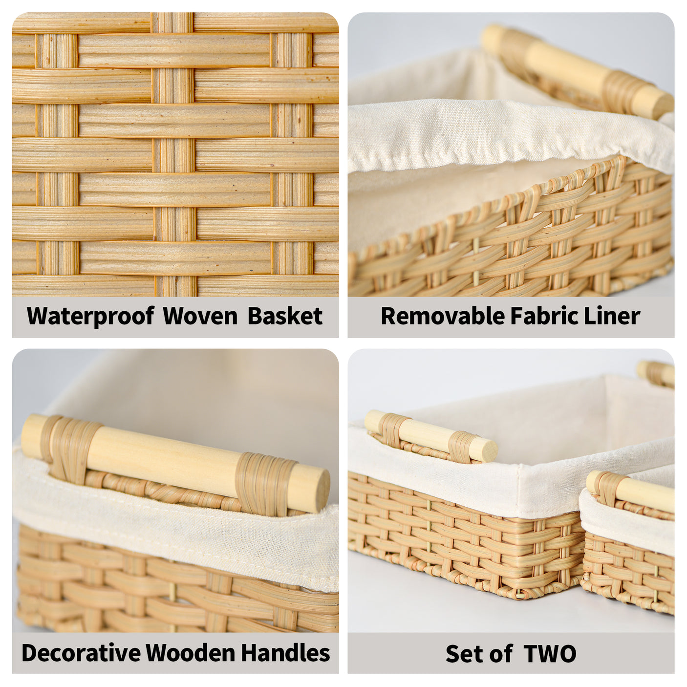 Lined Wicker Baskets with Wooden Handles, 2 in 1 Pack
