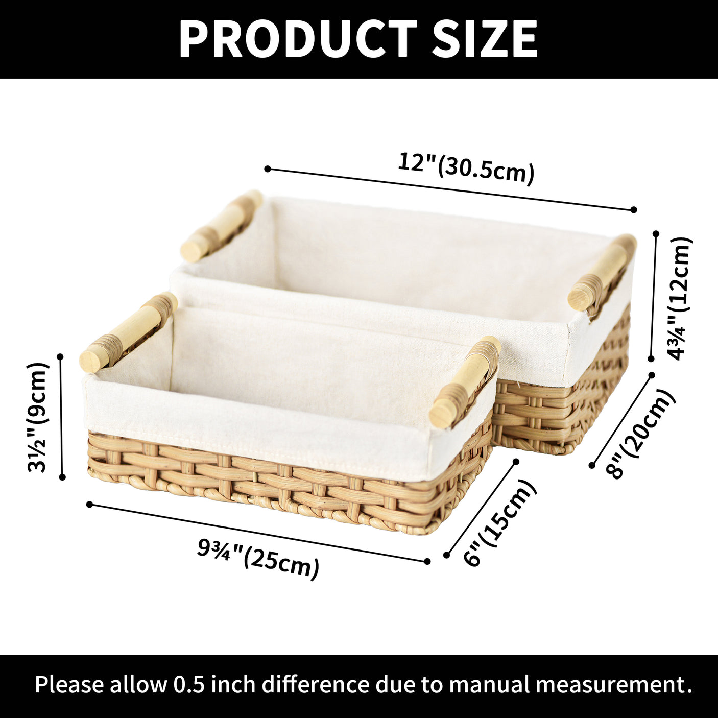 Lined Wicker Baskets with Wooden Handles, 2 in 1 Pack