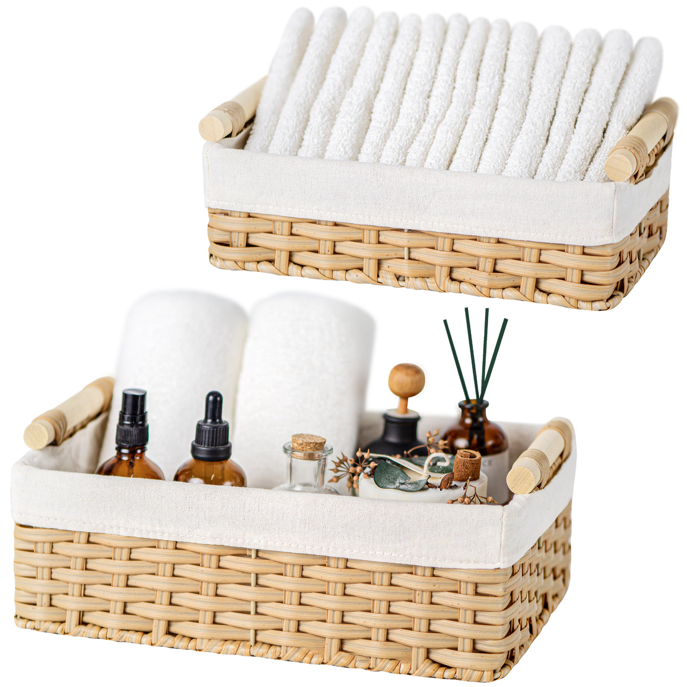 Lined Wicker Baskets with Wooden Handles, 2 in 1 Pack