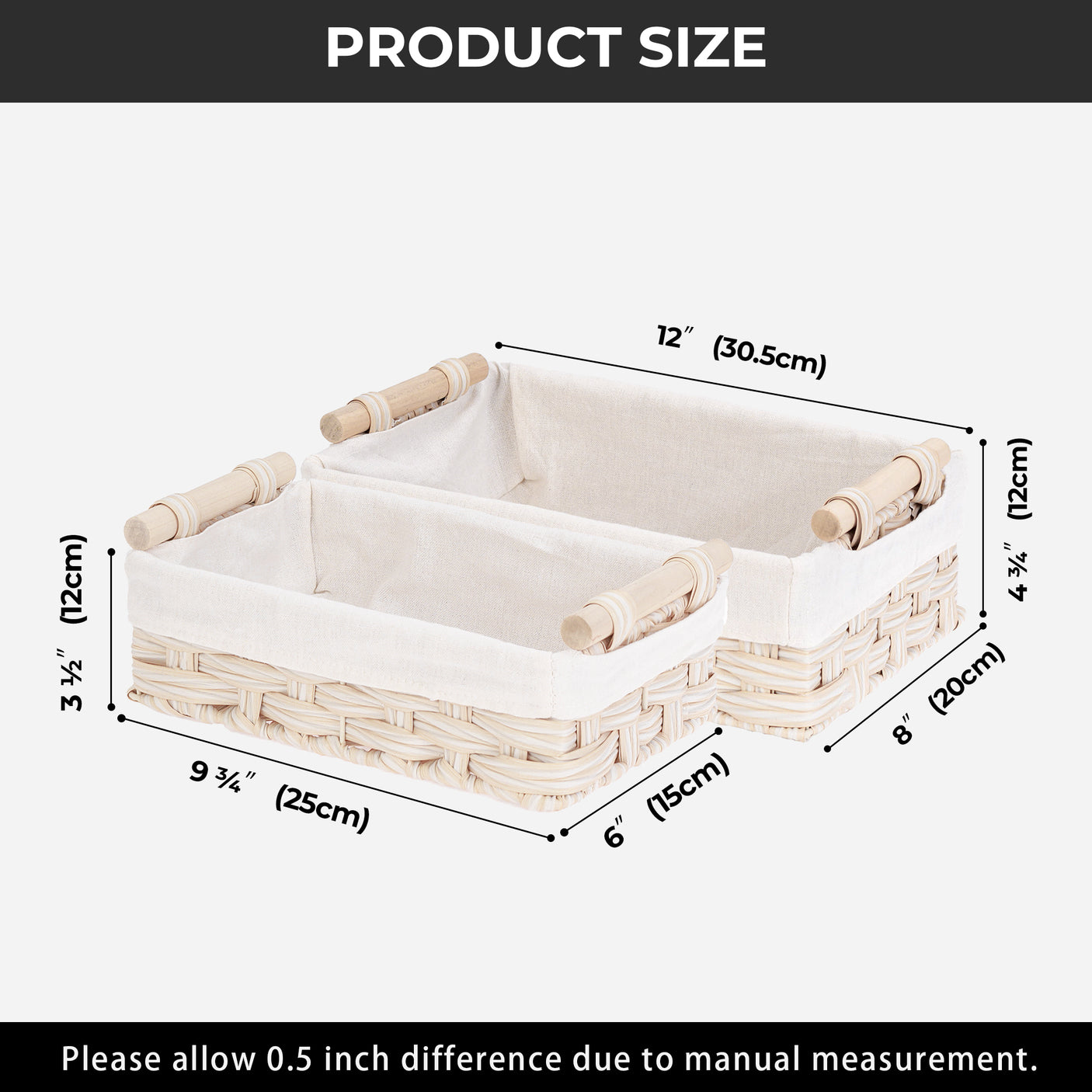 Lined Wicker Baskets with Wooden Handles, 2 in 1 Pack