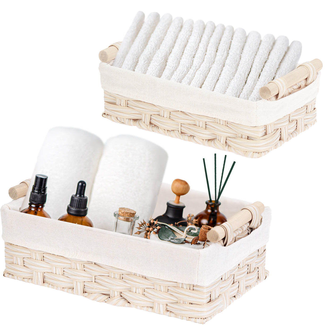 Lined Wicker Baskets with Wooden Handles, 2 in 1 Pack