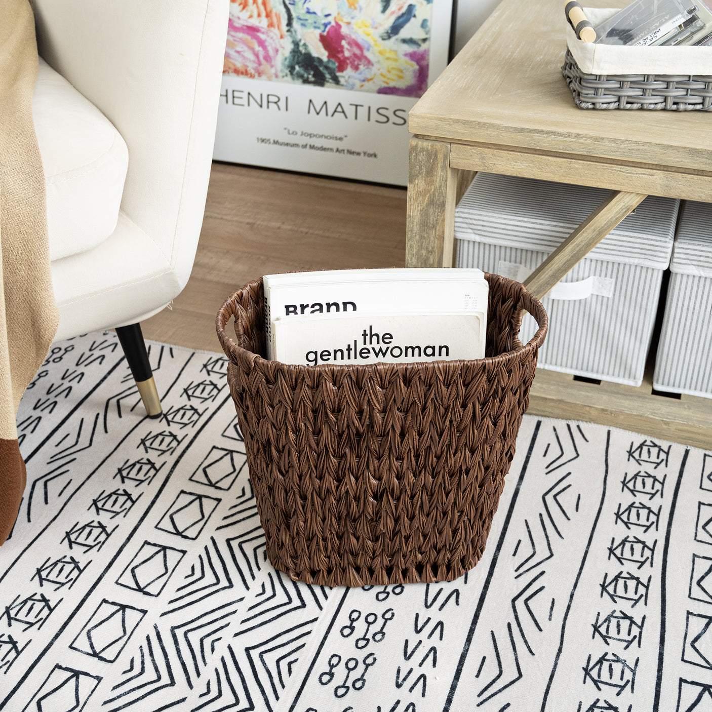 Handwoven Wicker Trash Can with Handles