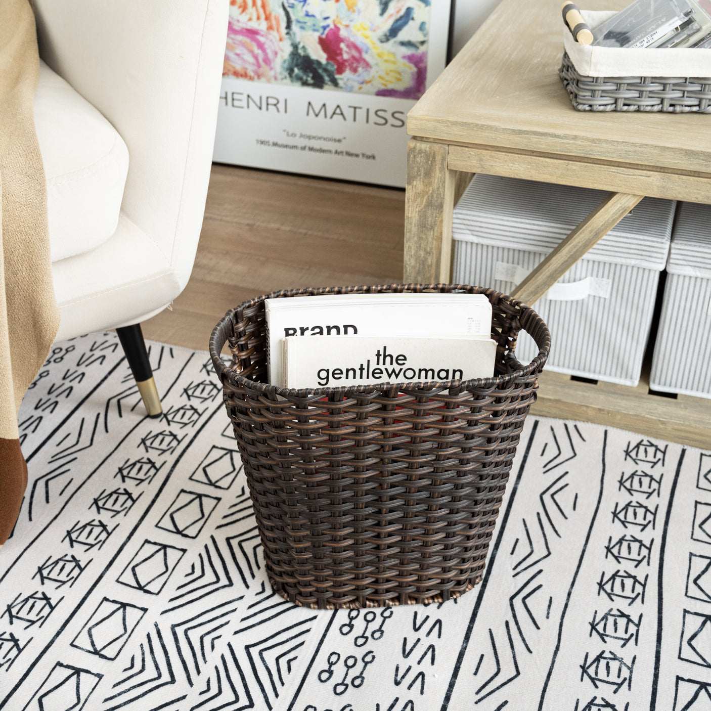 Handwoven Wicker Trash Can with Handles