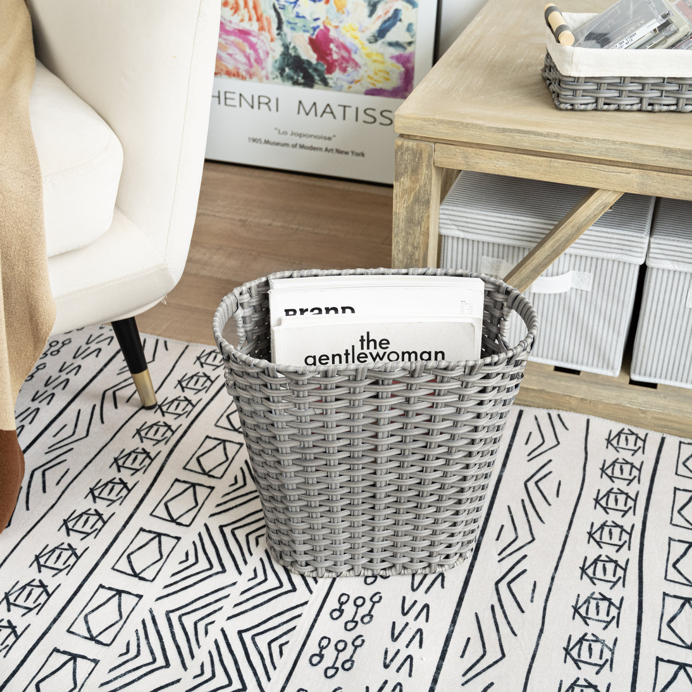 Handwoven Wicker Trash Can with Handles