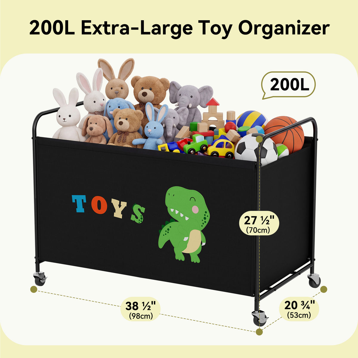 GRANNY SAYS Extra Large Toy Box for Kids, 200L Metal Toy Chest with Locking Wheels, Black